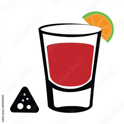 A minimalist colored icon depicting a glass of tequila with a lime wedge and a pinch of salt. Vector illustration