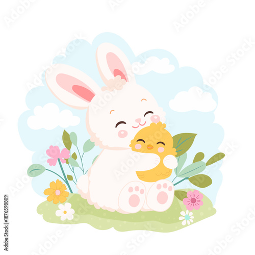 Easter Rabbit Character hugs chick and Flora Clipart Element. Vector print illustration