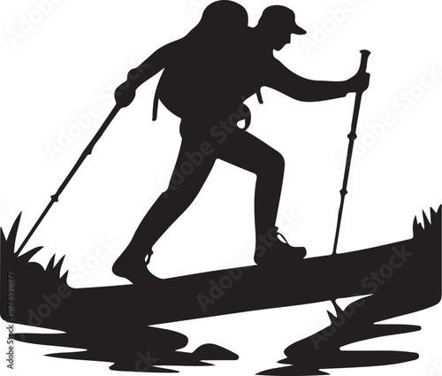 Silhouette of a person hiking with trekking poles on a log over water