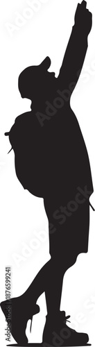 Silhouette of a person raising one arm with a backpack