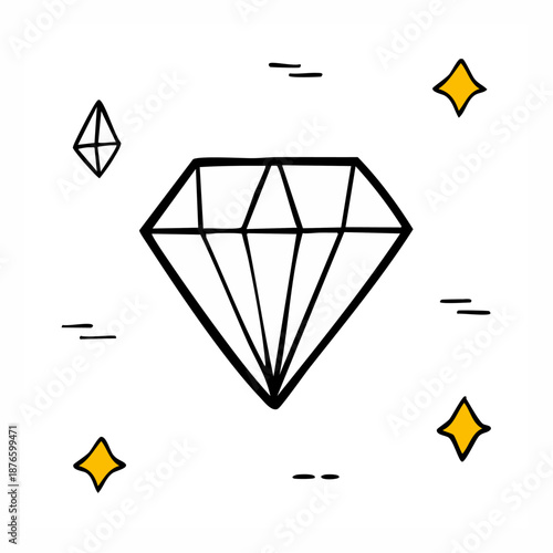 A black line drawing of a diamond with sparkles.