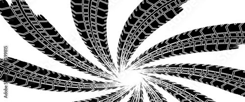 Tire tread marks, wheel textures, tire marks - car racing, motocross, drift, rally, off-road and others. Vector black isolated texture in grunge style with splashes.eps10