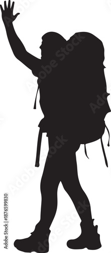 Silhouette of a person with a backpack raising an arm
