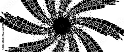 Tire tread marks, wheel textures, tire marks - car racing, motocross, drift, rally, off-road and others. Vector black isolated texture in grunge style with splashes.eps10