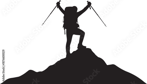 Silhouette of Hiker Standing on Mountain Peak with Trekking Poles