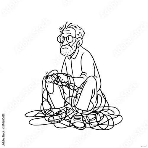Confused Old Man Surrounded by Tangled Cables