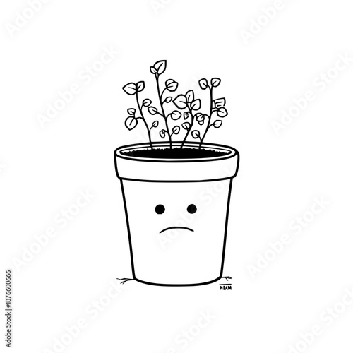 Sad Potted Plant with Wilting Leaves on White Background