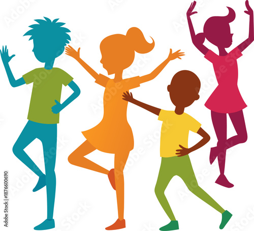 Children silhouette freeze dance vector isolated on background.
