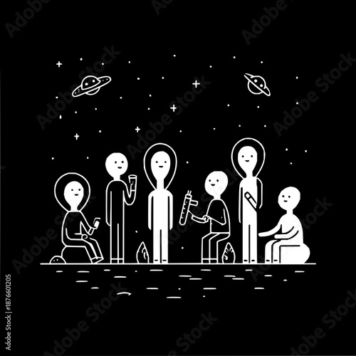 People Sitting Under Starry Night Sky with Planets