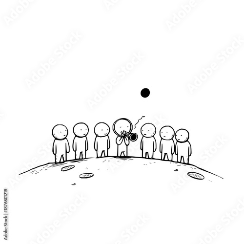Stick Figure Man Wearing Butterfly Costume Standing on Hill with People