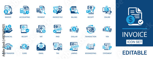 Invoice Payment Accounting Finance Tax Bill Vector Icon Set. Containing receipt, bill, tax, paid, statement, accounting, bookkeeping, barcode, financial and more.