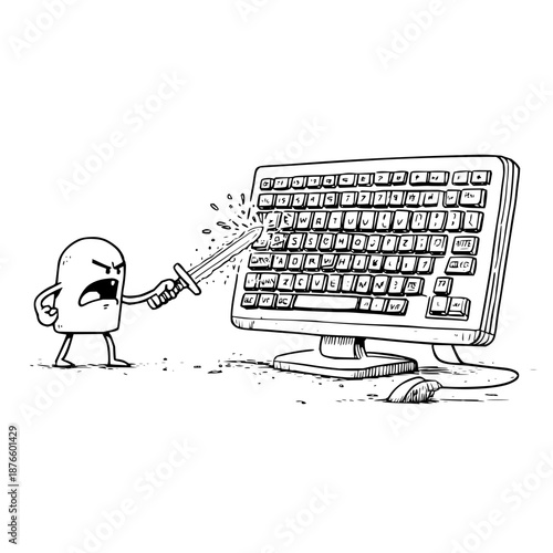 Angry Cartoon Character Attacking Computer with Knife