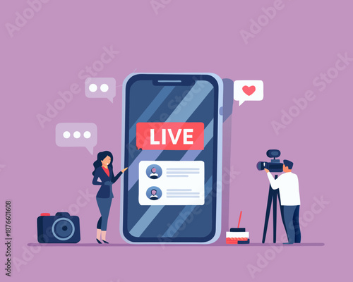 Businesswoman and videographer creating live social media content on smartphone