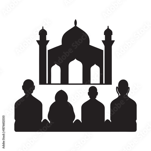 Silhouette of a mosque with people praying in a row representing unity and faith in a minimalist design