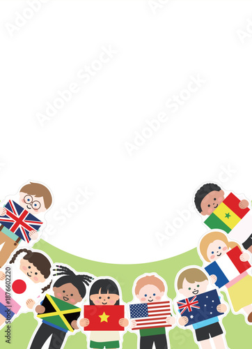 国旗を持った世界の子どもたちの縦型背景フレーム