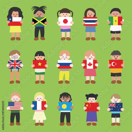 国旗を両手で持つ子どもたちのイラストセット
