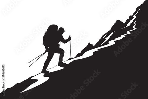Silhouette of two hikers climbing a mountain with trekking poles