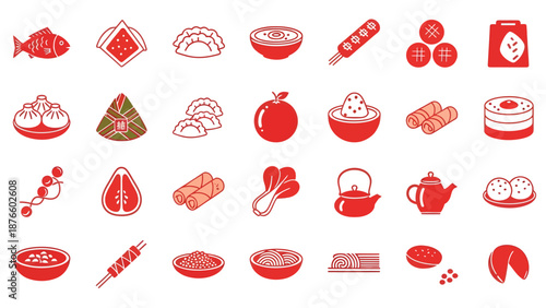 Chinese Food Icon Set, Traditional Lunar New Year Dishes, Dim Sum and Asian Cuisine Vector Illustrations