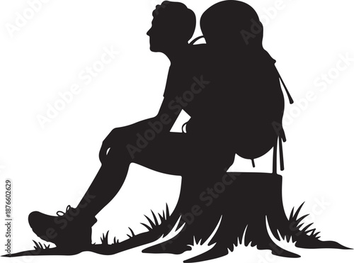 Silhouette of two people sitting on a tree stump in nature