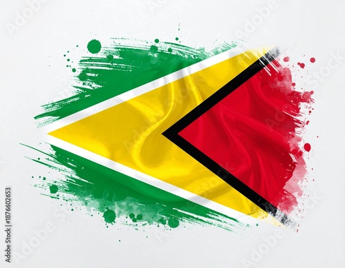 Guyana Flag Brushstroke Design with Red, Yellow, Green Triangles and Black White Borders