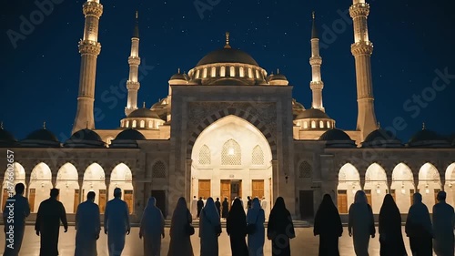 People Silhouetted Against a Beautifully Lit Mosque at Night.