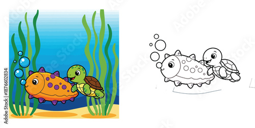 Cute cartoon sea turtle and colorful sea cucumber swimming underwater. Happy ocean friends playing near seaweed and bubbles.