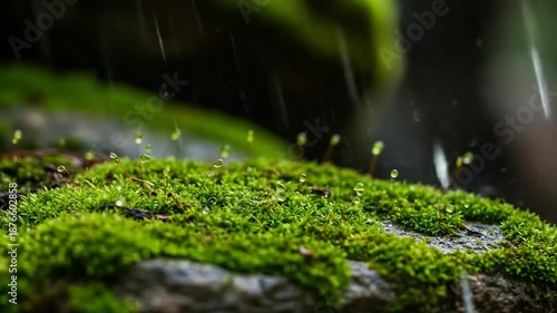 Raindrops falling on vibrant green moss in a lush forest environment, close-up view.