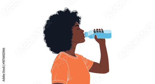 Profile view illustration of a woman with a natural afro hairstyle drinking refreshing water from a plastic bottle on a white background.