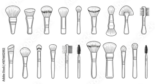Detailed black and white line art illustration showcasing an assortment of different makeup brushes for cosmetics and beauty application.