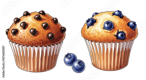Side by side illustration of a chocolate chip muffin and a blueberry muffin with fresh blueberries on a plain white background.