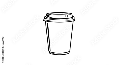 Simple black and white line drawing of a disposable coffee cup with a lid suitable for cafe branding and minimalist graphic design.