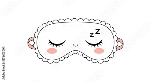 Adorable white sleeping mask with a cute face, closed eyelashes, and Zzz symbol for sleep, relaxation, and wellness concepts.