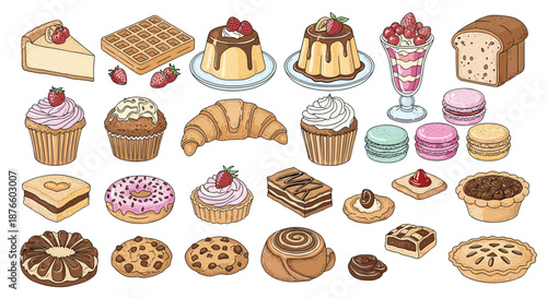Large assortment of colorful hand-drawn baked goods and desserts including cakes, donuts, muffins, cookies, and pastries for bakery branding.