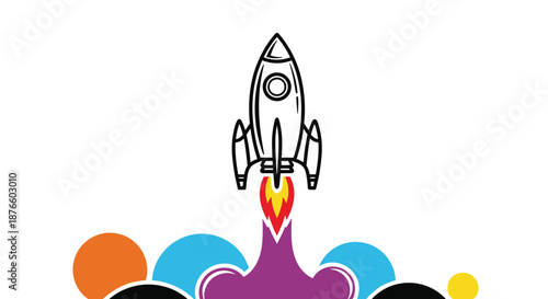 Illustrative white rocket ship launching into space with vibrant colorful smoke and clouds against a clean white background.