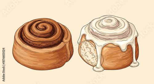 Pair of delicious hand-drawn cinnamon rolls showing one plain and one glazed with white icing for bakery and breakfast themes.