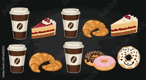 Assorted coffee shop treats including various cups of coffee, slices of berry cake, croissants, and glazed donuts on a dark background.