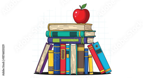 Colorful stack of library books with a bright red apple resting on top against a subtle grid background representing education and learning.