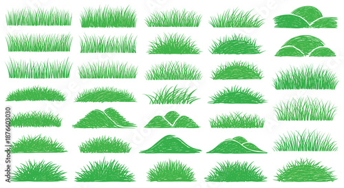 Comprehensive set of sketched green grass tufts and mounds in various shapes and sizes for architectural and landscape design visualization.