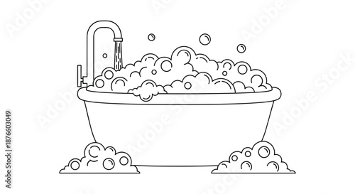 Simple black and white line art drawing of a bathtub overflowing with soap bubbles with water running from the faucet on a white background.