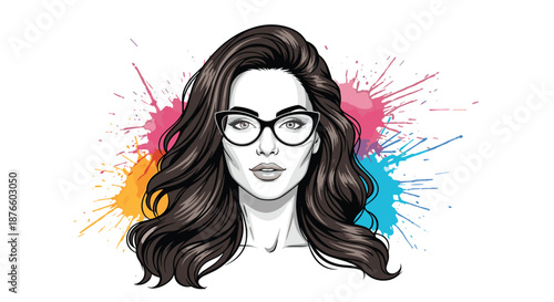 Artistic portrait of a beautiful woman with long dark wavy hair wearing cat-eye glasses against a vibrant multicolored paint splatter background.