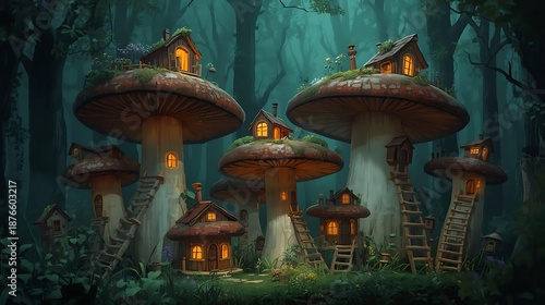 Enchanted Mushroom Village in a Mystical Forest: Whimsical Fairy Houses on Giant Mushrooms with Ladders and Glowing Windows in a Dark Fantasy Landscape