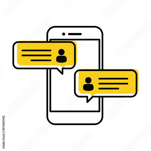 Black smartphone icon with chat bubbles and yellow accent without background