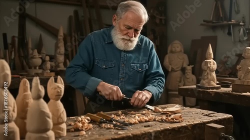Skilled elderly craftsman meticulously carves wooden figures in his workshop.