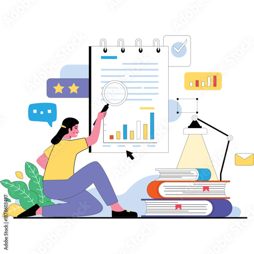 Woman analyzing charts with magnifying glass, books, lamp, and plants
