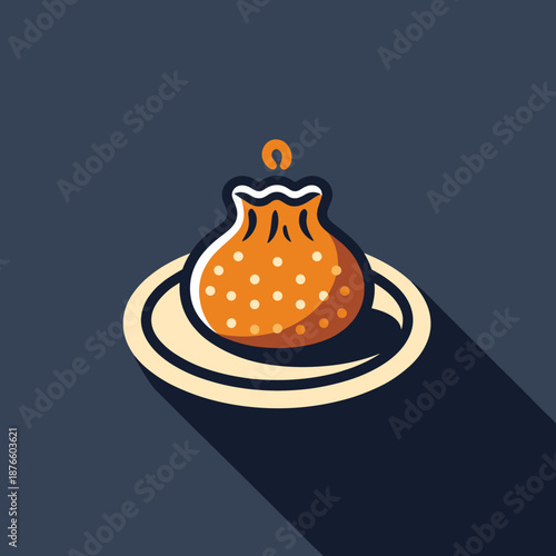Flat Design Icon of an Orange Asian Dumpling Served on a Round Plate