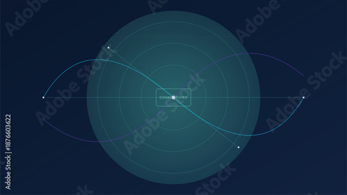 Abstract Composition: a dynamic visual representation, featuring interconnected circular elements and lines that converge towards a central point. The artwork plays with perspective and depth.