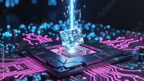 Glowing blue microchip being inserted into a socket on a circuit board with pink and blue lights