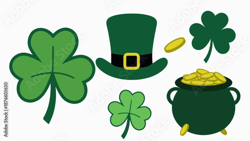 St Patricks Day Symbols Shamrocks, Leprechaun Hat, and Pot of Gold