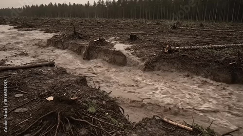Turbulent Muddy River Flowing Through Deforested Landscape After Heavy Rainfall or Logging.