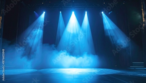 ステージ スポットライト 喝采 主役 緊張感 演劇 公演 幻想的 静寂 期待 青い光 演出 焦点 幕開け 独白 芸術 衝撃 核心 没入 輝き